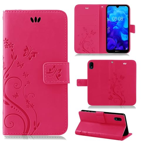 betterfon Hülle Kompatibel mit Huawei Y5 (2019) | Premium PU Leder Handyhülle Wallet Case für Y5 (2019) | Schutzhülle Blumen Klapphülle Handyhülle | Pink