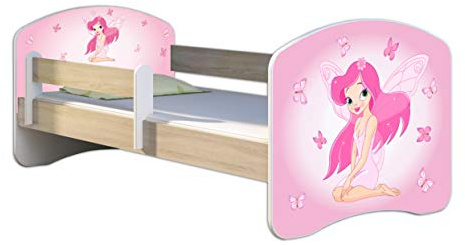 ACMA Kinderbett 140x70 Jugendbett mit Matratze, Farbe Sonoma mit Rausfallschutz Lattenrost II Spielbett Kinderzimmer Möbel, 07 Rosa Fee
