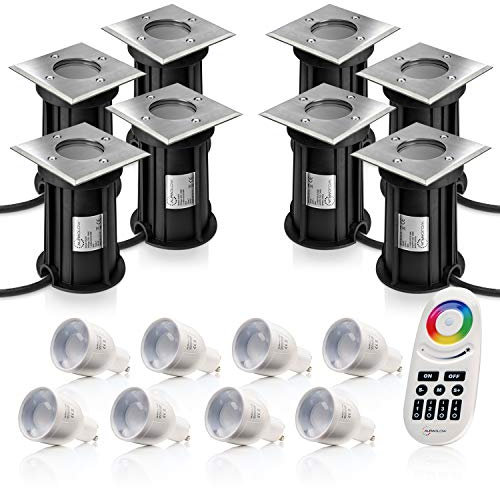 Auraglow IP67 GU10 Bodeneinbauleuchte für den Außenbereich, Garten, Terrasse, Weg, Deckenfluter und RF-Fernbedienung, Farbwechsel, LED-Glühbirnen, 8 Stück