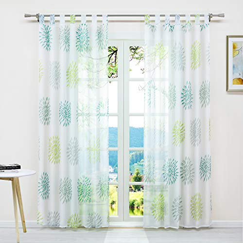 ESLIR Gardinen mit Schlaufen Vorhänge Fensterschal Transparent Schlaufenschal mit Kreis Muster Voile Grün BxH 140x175cm1 Stück