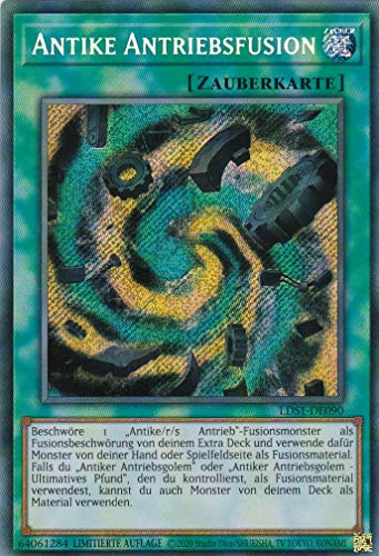 YGO LDS1-DE090 - Antike Antriebsfusion - Secret Rare - Yugioh - Deutsch - Limitierte Auflage im Set mit Ultra Pro Toploader und Ultra Pro Schutzhülle (Klarsicht)