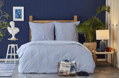 NAUTICA HOME DARYA BLAU BETTWÄSCHE SET PERKAL SEERSUCKER 135X200 + 80X80 Kissenbezug