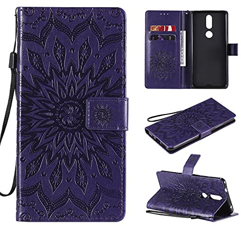 nancencen Hülle Kompatibel mit Nokia 2.4, Flip-Case Handytasche - Standfunktion Brieftasche und Kartenfächern - Sun Flower - Purple