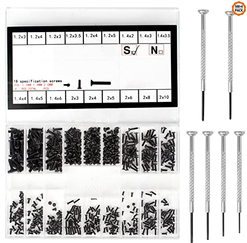 Iyowei 500 PCS Countersunk Screws Set, M1.2 M1.4 M2 Flat Round Head Screws SSD Electronic Repair Screws Laptop Computer Screws Kit Assortments with Clear Box and 6 PCS Screwdrivers for Glasses, Watch