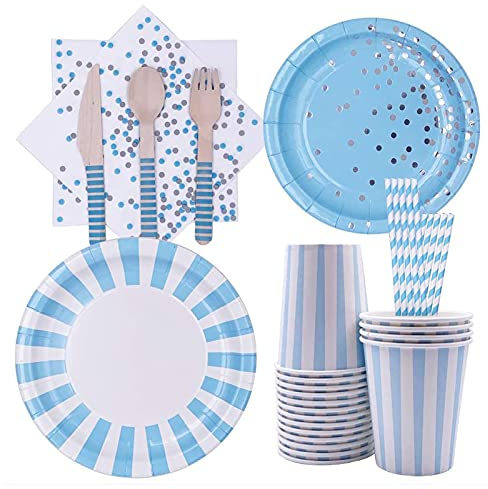 128 Piezas Vajilla,Cubiertos,Platos,Vasos,Servilletas y Pajitas,Para Fiestas, Bodas, Aniversarios, Cumpleaños, Fiestas De Bodas (Azul,16 Invitados)