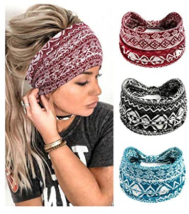 Yean Yoga-Stirnband, breit, rote Blume, Haarband, elastisch, Kopftuch, Stoff, geknotet, Turban, Haarschmuck für Frauen und Mädchen, 3 Stück