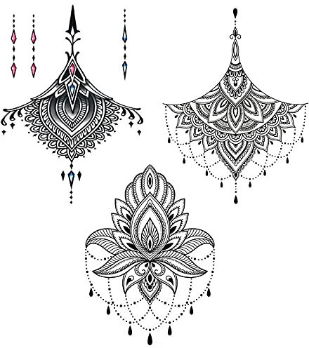 Tatouages Temporaires Imperméables de Poitrine pour Femmes - Autocollant de Tatouage Semi-permanent sous les Seins, Motif de Fleurs de Lotus Mots Mandala Poitrine Taille Sexy Tatouage pour Femme Fille