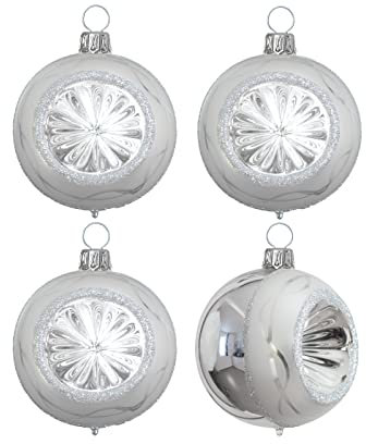 Lauschaer - Glasartikel Christbaumschmuck - Nostalgie Kugeln - Reflexkugeln 7cm - 4 Stück - Silber - Handbemalt - Mundgeblasen - Lauscha - Weihnachten