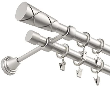 Fenster DEKOR - Gardinenstange Wandmontage 2-läufig 200 cm - Vorhangstange aus Stahl mit 40 Ösen und Clips - Gardinen Stange Satin - Gardinenstangen im Set mit Dübel - Elegante Vorhangstangen