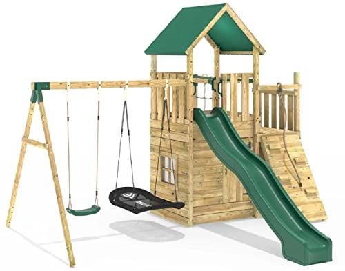 Rebo® Children's Modular Wooden Climbing Frame Adventure Playset - M10 Double Swing | OutdoorToys | Sturdy Wooden Construction, Pressure Treated Timber