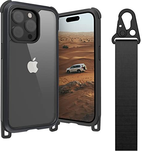MAGEASY Schutzhülle für iPhone 14 Pro mit Band, 15,5 cm – 4,8 m Fallgetestet, Schutzhülle für iPhone 14 Pro mit Umhängeband, Odyssey+ (15,5 cm, 3 Linsen) (Metallrahmen, Mystery Black)