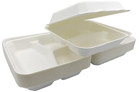 Sunrise Packaging White 3 Compartment Bagasse Meal Box, 9 x 9 inch, Recyclable, Food-Grade, Tight Lid, Clamshell, Disposable Food Packing, 50
