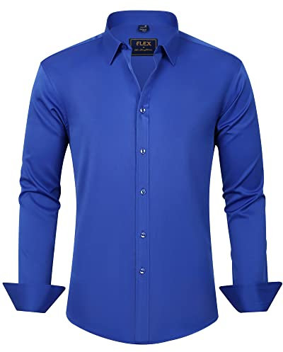 J.VER Men's Long Sleeve Dress Shirt Stretch Non Iron Solid Button Down Business Casual Regular Fit Formal Shirt Wedding Work Royal Blue L