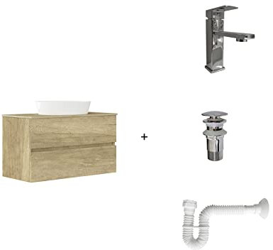 Baikal Pack solución Completa. Incluye: Mueble de Baño, Lavabo cerámico, Grifo, Sifón Extensible y Válvula de desagüe. Mueble MONTADO. Entrega Todo en uno. 2 Cajones Sin Espejo 90 cm Nature