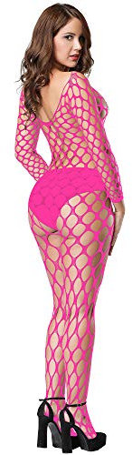 Bommi Fairy Women Lingerie Fishnet Bodysuits Nightwear for Romantic Date Long Sleeve Babydolls Mini Dress Mesh Stockings Tights Free Size (Rose)