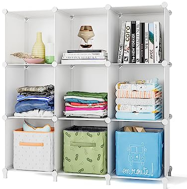 FUNLAX 9 Cube Bookcase Bookshelf Portable Bathroom Storage Plastic Cube Organiser Stackable Cube Shelving Unit for Clothes Books Toys Yarn Shoes