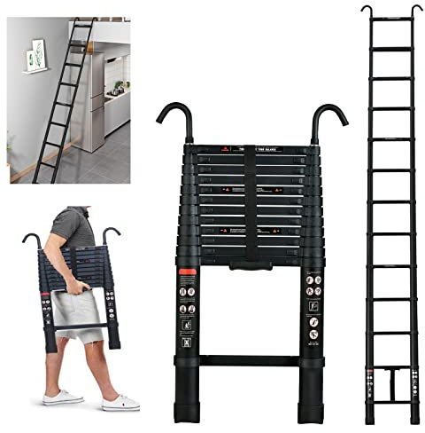 Telescopic Ladder 12FT Aluminum Telescopic Extendable Ladders with Roof Hooks, Telescopic Extension Ladder for Home, Portable Folding Multi-Purpose Ladder for Indoor Outdoor Working, 330lb Capacity
