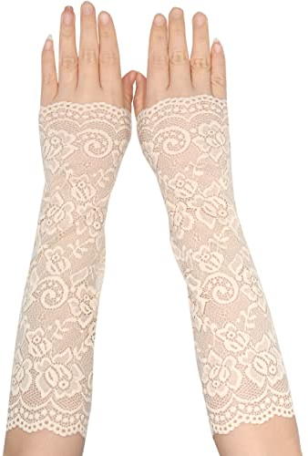 TeeYee Damen Spitze Handschuhen Halb Finger Lang Handschuhen Mesh Spitze Knigge Sommer Handschuhe Blume Pattern für Hochzeit Braut 114nude