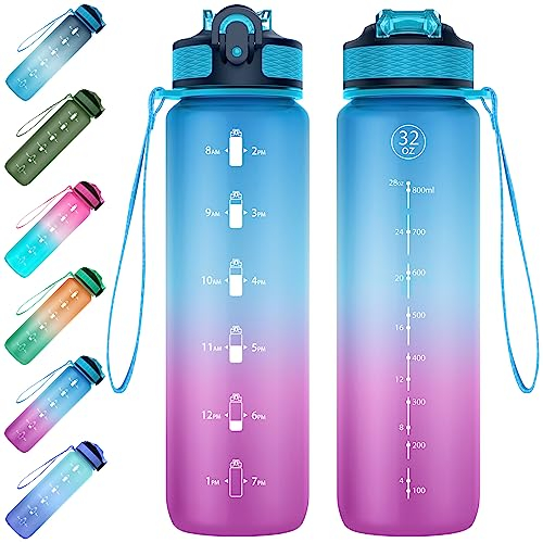 EYQ 1L Trinkflasche, Sportwasserflasche mit Stroh, Tritan BPA Free Water Flasche mit Zeitmarker für die Schule im Outdoor -Sport im School Fitnessstudio–Blauviolett