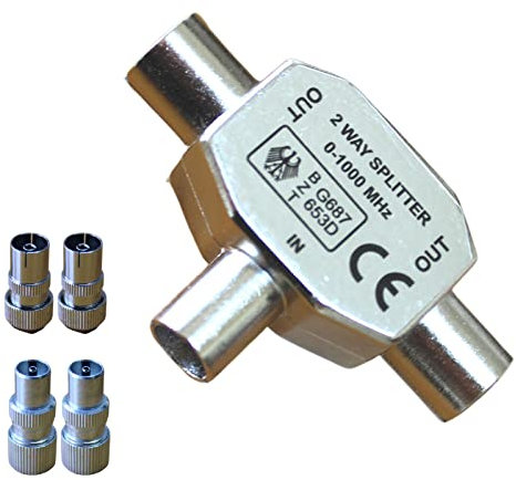 2-Way Aerial Coaxial Cable Splitter - Relloh Digital TV Aerial Splitter Male to 2 Female Aerial Connectors Shielded Metal Housing, Compatible with Cable TV Antenna (5)