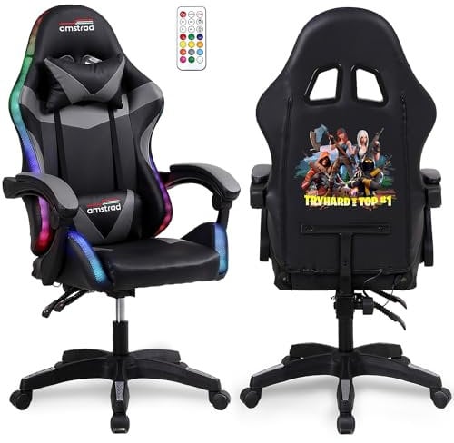 Amstrad AMS-900-LED-TOP1 - Fauteuil Gaming Noir et Gris - Serigraphie Try Hard for Top 1 - Eclairage LED 366 Effets Télécommande