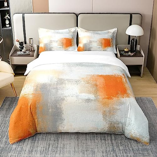 Homewish Juego de funda de edredón 100% algodón naranja acuarela, juego de ropa de cama gris degradado para niños y niñas, funda de edredón abstracta grunge degradado, juegos de cama de tinta fluida