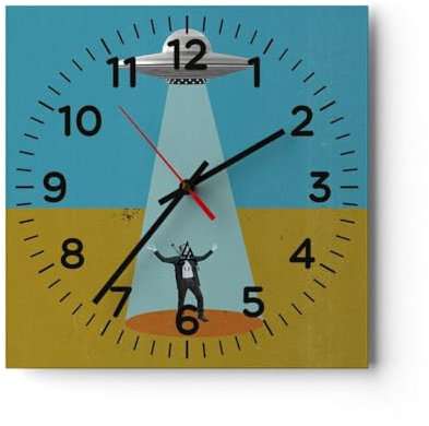 Modern Wanduhr UFO Moderne Kunst Surrealismus 30x30cm Quadrat Klein Wand Uhr Glas Analog Zimmeruhren Küche Büro Wohnzimmer Glasuhr Wall Clock Dekoration Design Wanddekoration Küchenuhr C4AC30x30-5796
