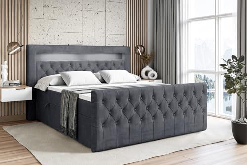 ALTDECOR Boxspringbett mit Matratze und Lattenrost, LED Boxbett, Topper, Fußteil, Polsterbett mit Bettkasten, Bett mit Stauraum H3-Matratze, Doppelbett - Aurora - 200x200 - Dunkelgrau Samt