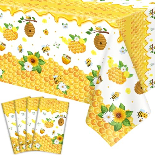 4 Pack Bee Tablecloth Happy Bee Day Tablecloths Rectangle Honey Bees Bumble Table Cover Bee Theme Party Tablecloth for Bee Baby Shower Bee Birthday Party Decorations 51 x 86 Inch