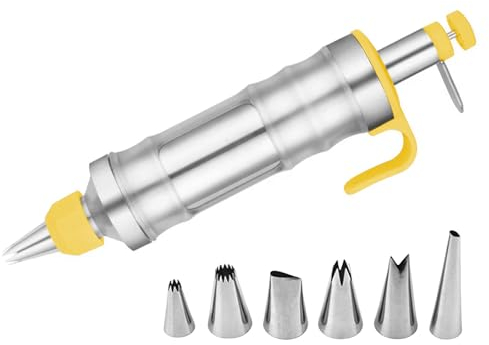 Seringue à garnir en acier inoxydable - Seringue à gâteau - Presse à pistolet - Seringue de décoration de dessert avec 6 douilles - Kit de pistolet de décoration pour biscuits et gâteaux - Jaune
