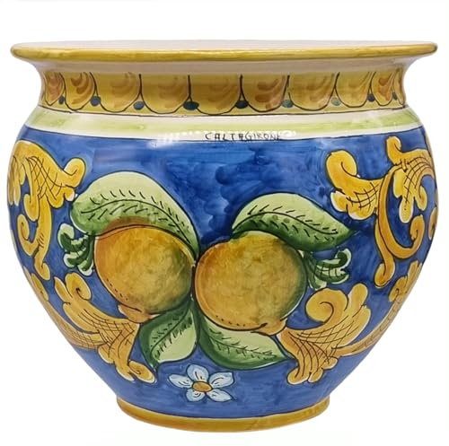 Sicilia Bedda - VASO IN CERAMICA DI CALTAGIRONE - Realizzato e Dipinto a Mano - Altezza 20 CM Diametro 26 CM (Limoni Blu)