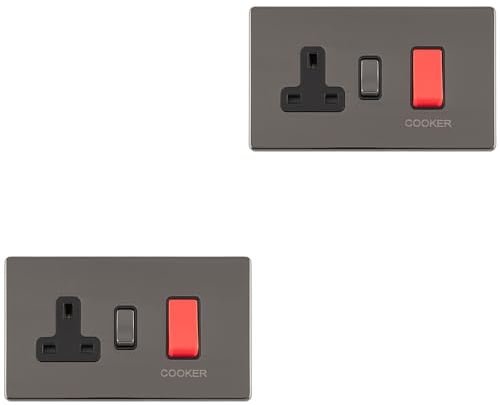 2 PACK 45A DP Oven Cooker Switch & 13A Switched Socket SCREWLESS BLACK NICKEL - Decorative Double Pole Appliance Wall Plate