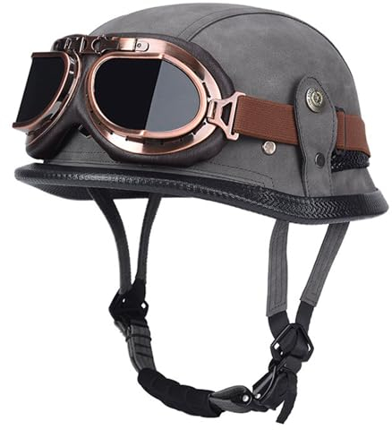 Deutsche Leder Motorrad Halbhelme ECE-Zulassung Brain-Cap · Halbschale Jet-Helm Roller-Helm Mit Schutzbrille Vintage Scooter-Helm Offenem Helm,Für Herren Damen 3,3XL:65-66CM