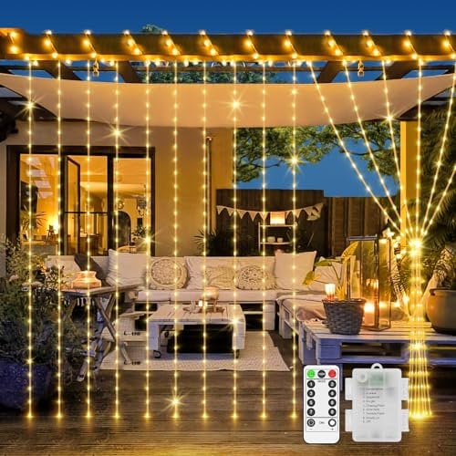 200 LED Curtain Fairy Lights Outdoor Waterproof 2M*2M String Lights Battery Operated with Remote Timer 8 Modes Window Lights for Garden Gazebo Wedding Party Indoor Bedroom Decoration-Warm White