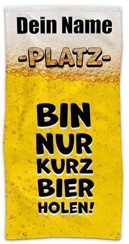 PR Print Royal Personalisiertes Handtuch mit Spruch - Bin nur kurz Bier Holen - mit Name Bedrucken | Badetuch selbst gestalten, Persönliches Geschenk für Männer, Kumpels, Freunde - 100 x 50 cm
