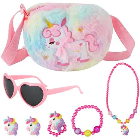 UptVin Lot de 7 Porte-Monnaie Licorne pour Petites Filles - Sac à Bandoulière avec Set de Bijoux, Collier, Bracelet, Bague, Boucles d'Oreilles, Lunettes de Soleil - Cadeaux