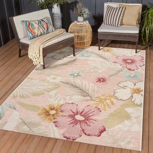 In & Outdoor Teppich Wetterfest Wohnzimmer Balkon Küchenteppich Terrassenteppich Flachgewebe mit Muster Blumen floral Rose rosa 120x160 cm