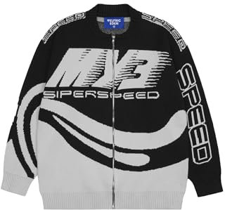 Aelfric Eden Speed Racing Cardigan Full Zip Up Cardigan Oversized Sweater Crewneck Cable Knitted Jumper Jackets Unisex Casual Vintage Black M