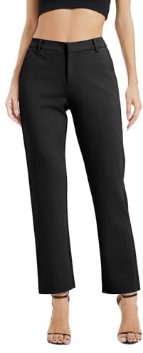 EXCHIC Femmes Commercial Jambes Droites Elastique Taille Pantalon Décontractés Confort Pantalons avec Poches(L, Noir)