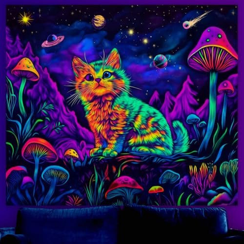 WEBEEDY Niedliches Katzen Leuchtband Im Dunklen Tapestry Fantasie Pilz Pflanzen Wandteppich UV Reaktiv Mysteriöse Galaxie Weltraum Ästhetik Hintergrund Wandbehang Für Wohnzimmer Dorm 150x130cm