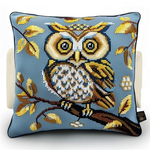 kitphoenix Kreuzstichkissen,Baumwolle,Stickset Anfänger Eule Bastelsets für Erwachsene,Stickkissen,Anfänger,Handstickerei-DIY 45 x 45 cm