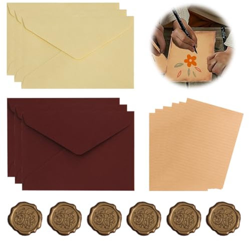 WeddHuis 18 Stück Briefpapier mit Umschlag Set, Schreiben Set, Kraftpapier Umschläge, Wachssiegel-aufkleber, Liebesbrief, Briefpapier Edel, für Hochzeit, Geburtstag (Vintage)