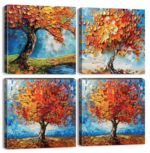 Abstract Orange Tree Wall Art Nature Blossom Tree Wall Pictures for Living Room Botanical Prints Farmhouse Tree of Life Wall Painting Country Artwork for Bedroom Office Home Decorations 30x30cm 4Pcs