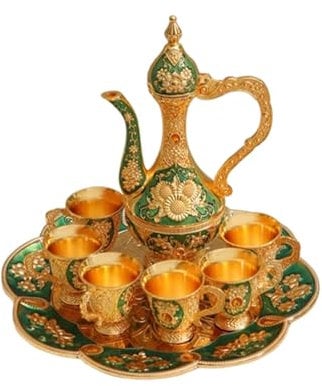 LOVIVER Turkish Coffee Pot Set Tea Tray Home Decoration Wine Pot Teapot and Tea Cups Drinking Cup Set for Living Room Kitchen Wedding, Green