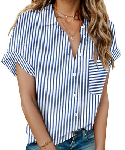 HOTOUCH Womens Blouses Short Sleeve Blouse V Neck Button Down Shirts Ladies Business Shirt Cotton Work Office Tops S-3XL