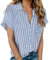 HOTOUCH Womens Blouse Cotton Shirt Short Sleeve Formal Work Ladies Office Shirts V-Neck Button Down Placket Tops Basic Fitted Shirt Blue Stripe L