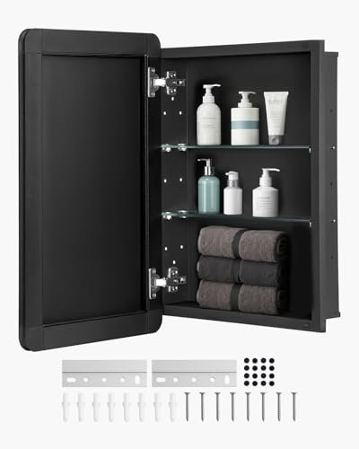 VEVOR Armoire de Toilette Miroir, 406 x 610 mm, Meuble de Salle de Bain, avec Miroir, Cadre en Aluminium et étagères réglables à 2 Couches, Installation encastrée et Murale