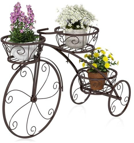 GOPLUS Soporte para Plantas en Forma de Bicicleta, Soporte Metálico para Macetas con 3 Cestas Huecas, Elegante Jardinera de Pie de Estilo Parisino Vintage para Patio, Jardín, Terraza (Bronce)