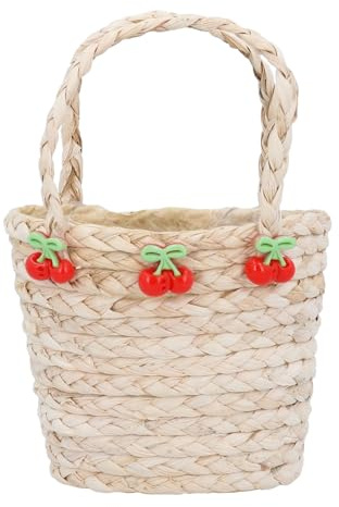 Straw Basket with Cherries, Natural Straw Egg Basket with Handle, Easter Egg Hunt Bag, Plant Pot Boho Basket Planter, Natural Chic Bathroom Storage, Summer Basket