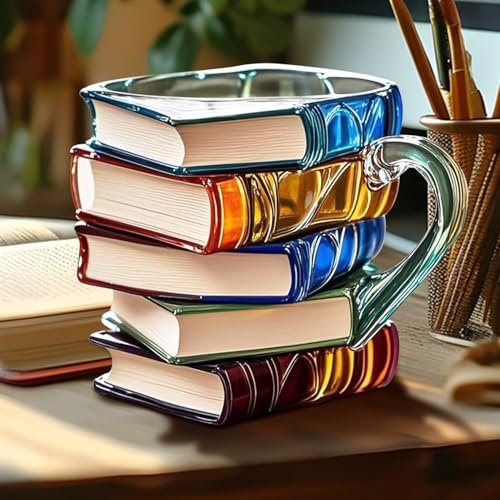 AUOQZ 3D Painted Book Mug with Handle Stainless Steel Inner Liner Resin Book Series Coffee Mugs for Women Men Novelty Painted Reading Books Cup for Literature Lovers Gifts Decoration (300ml